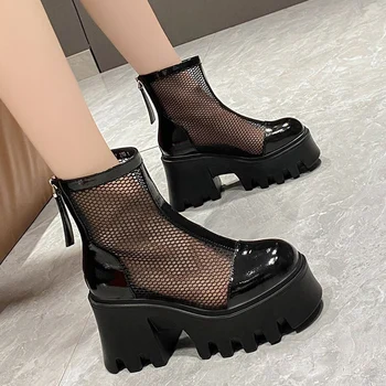 Черные женские ботильоны на платформе в готическом стиле, дышащие летние ботинки с толстой подошвой, женские ботильоны 2023 года на высоком массивном каблуке в стиле панк
