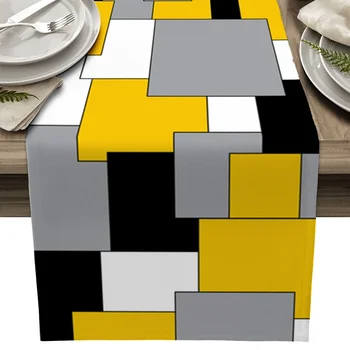 Элегантная льняная скатерть неправильной формы с абстрактными квадратами для украшения праздничного обеденного стола